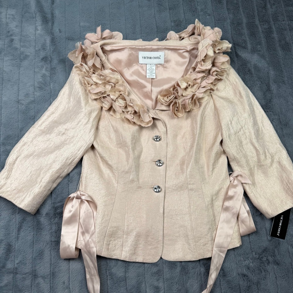 Victor Costa Rosette Collar Evening Jacket Champagne Blush Crystal Button Size 8